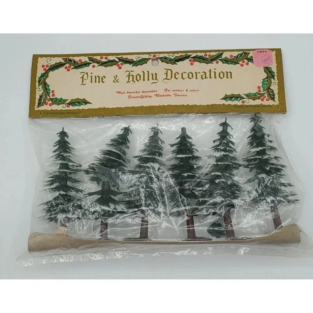 Vintage 6 Plastic Snow Cap Trees Deco by  Pine & Holly Decoration NIP Hong Kong